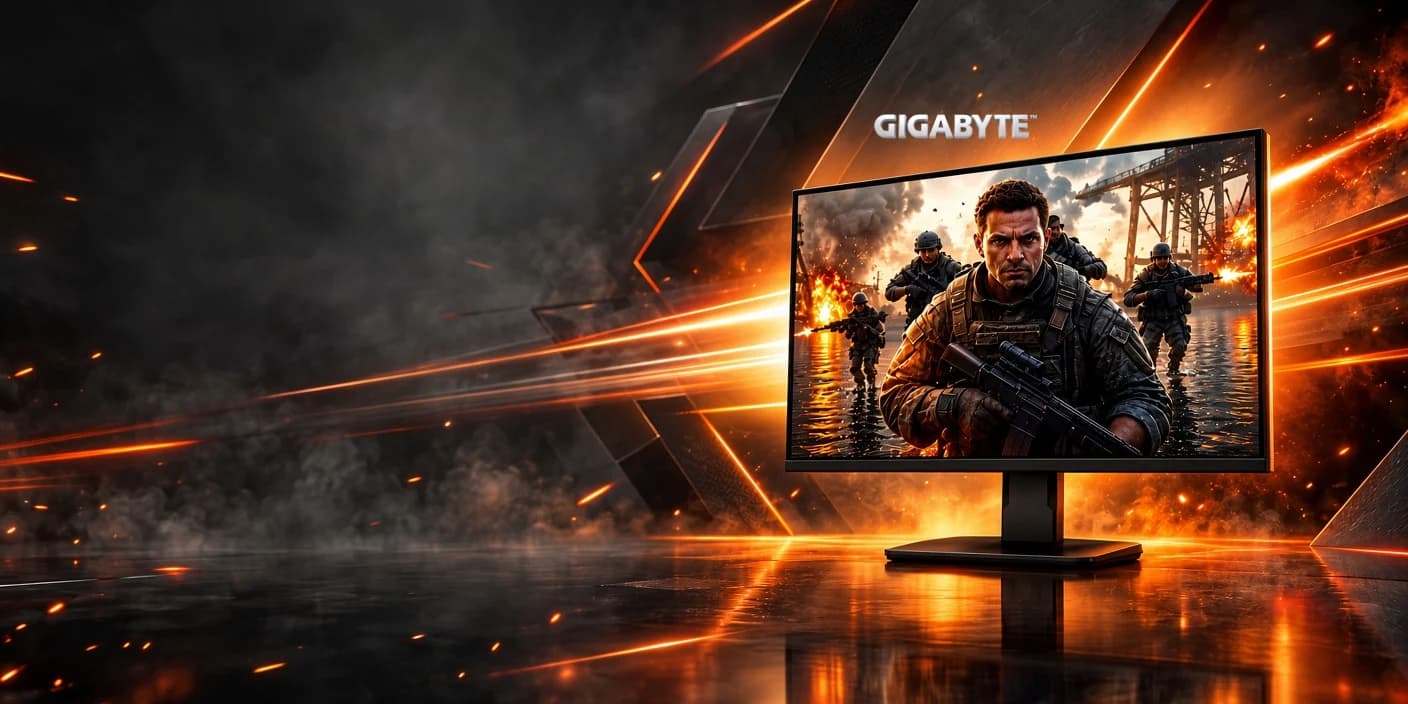 Monitor gamer Gigabyte sobre un fondo oscuro con destellos naranjas, mostrando una escena de videojuego de acción