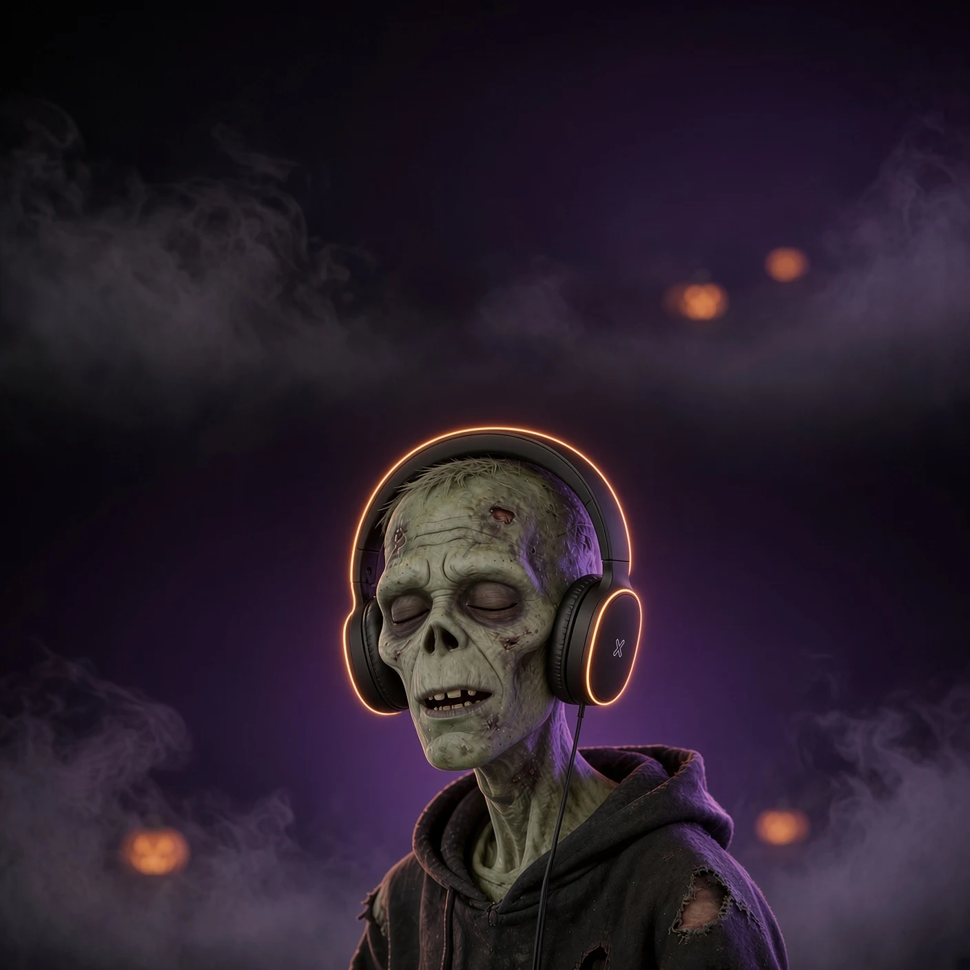 Zombie con diadema escuchando música en una noche de Halloween