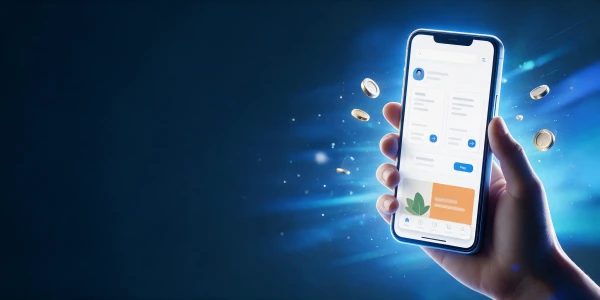 Mano sosteniendo un celular con una app de pagos y monedas flotando