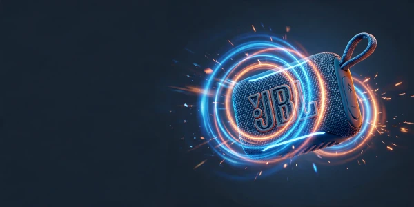 Parlante portátil JBL Go 5 azul rodeado de ondas de luz