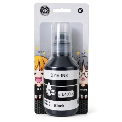 Botella de tinta compatible Brother BTD100BK negra de 100 ml en blíster sellado, vista frontal