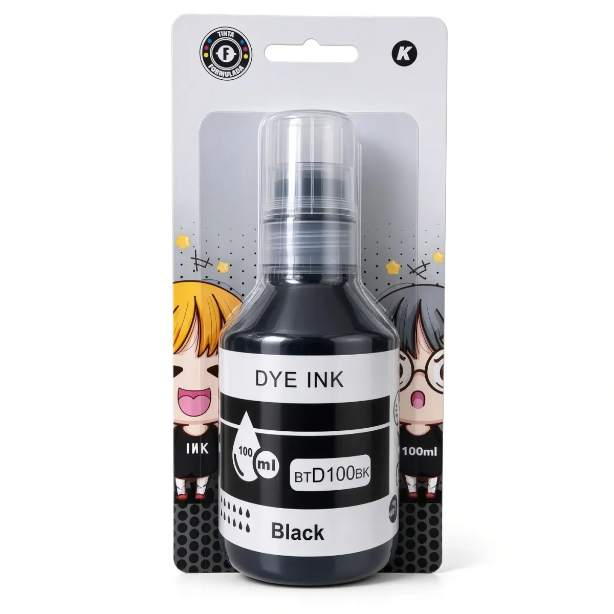 Botella de tinta compatible Brother BTD100BK negra de 100 ml en blíster sellado, vista frontal