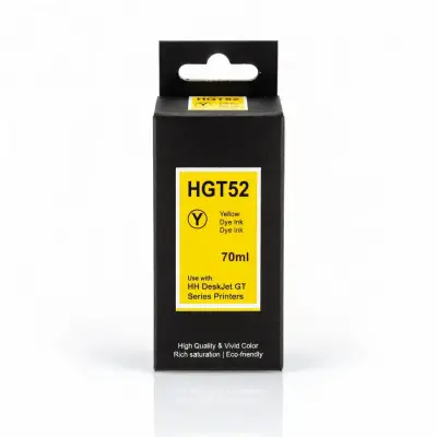 Botella de tinta compatible HP GT52 color amarillo de 70 ml, presentación in box, sobre fondo blanco