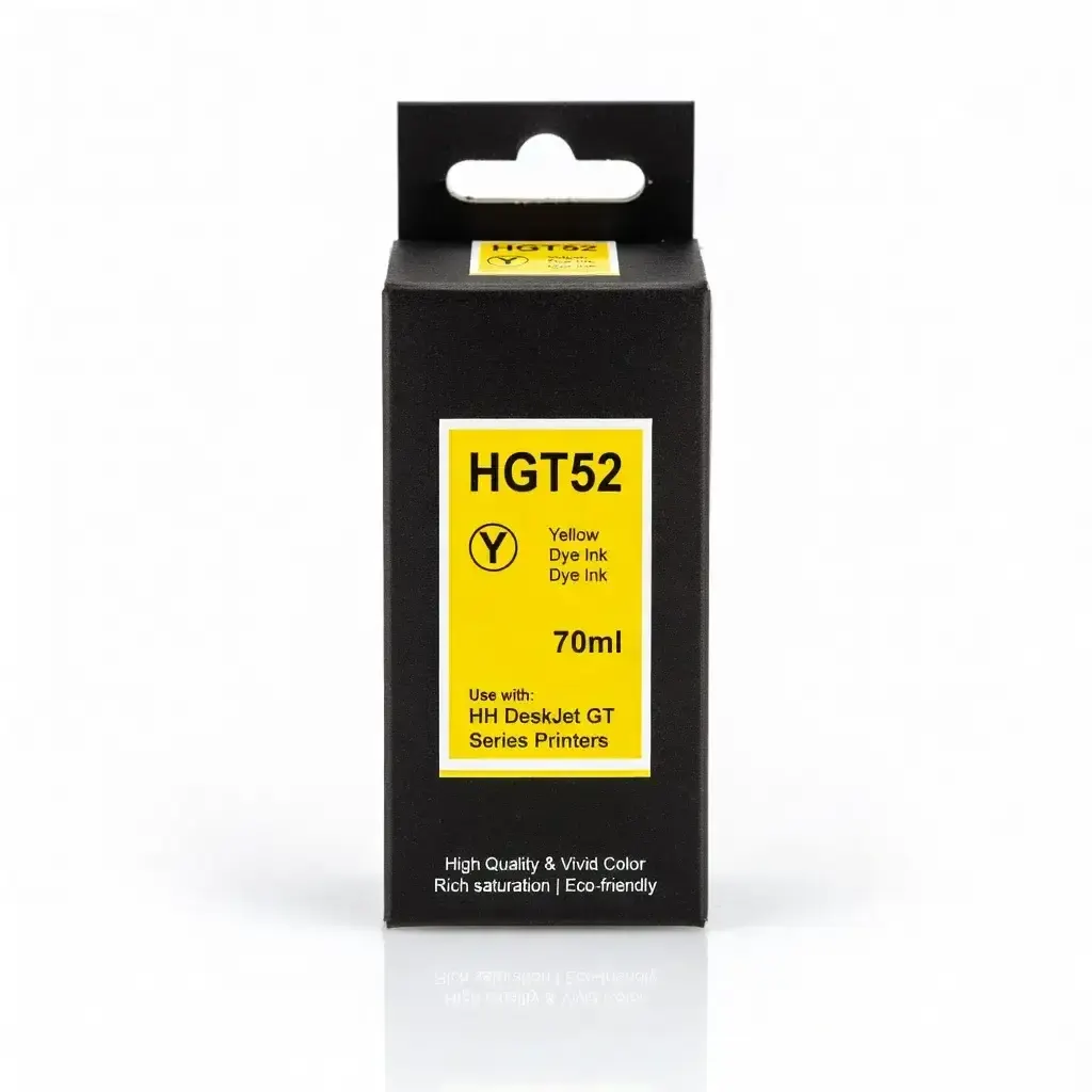 Botella de tinta compatible HP GT52 color amarillo de 70 ml, presentación in box, sobre fondo blanco