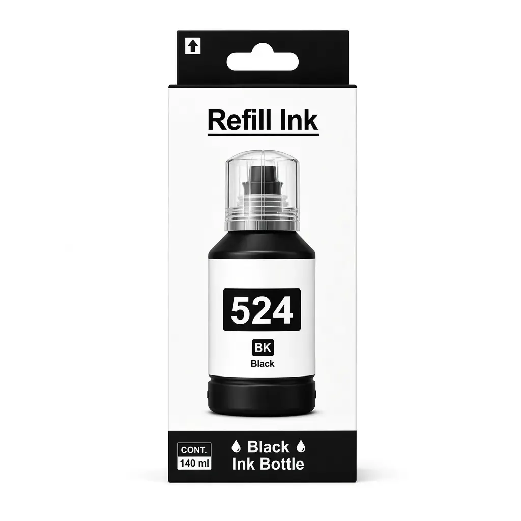 Caja y botella de tinta negra pigmentada 524 de 140 ml compatible con impresoras Epson serie L