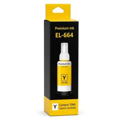 Caja y botella de tinta amarilla refill de 70 ml compatible con impresoras Epson 664 serie L