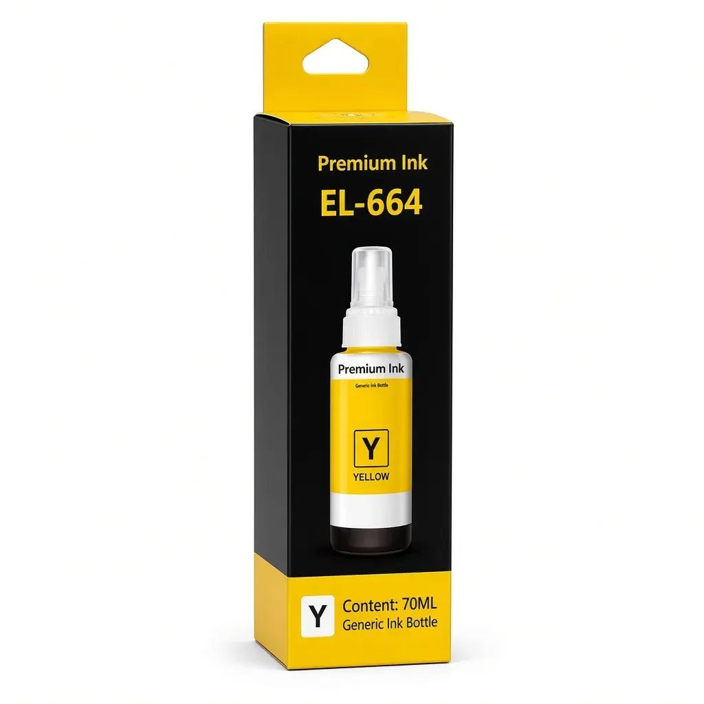 Caja y botella de tinta amarilla refill de 70 ml compatible con impresoras Epson 664 serie L