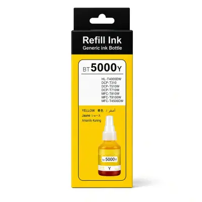 Caja y botella de tinta amarilla BT5001 de 50 ml compatible con impresoras Brother DCP-T