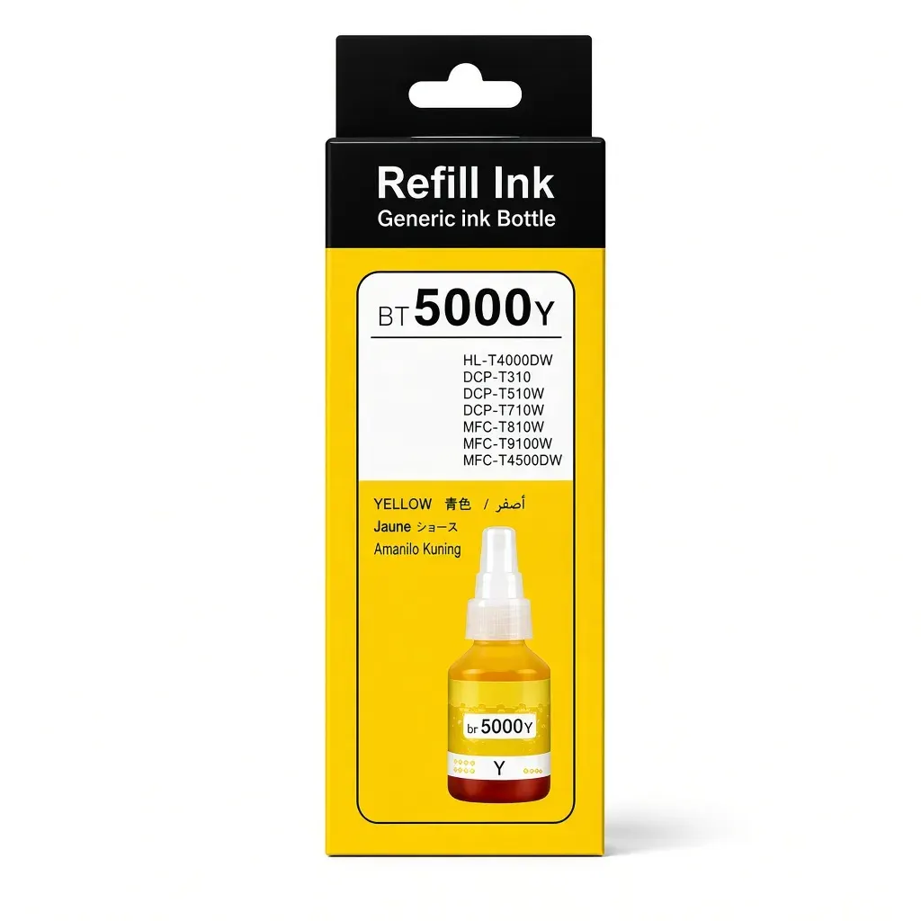 Caja y botella de tinta amarilla BT5001 de 50 ml compatible con impresoras Brother DCP-T