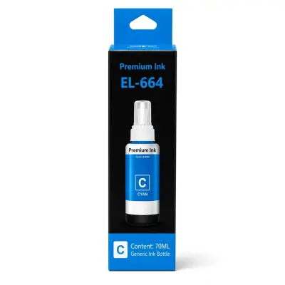 Caja y botella de tinta cian refill de 70 ml compatible con impresoras Epson 664 serie L