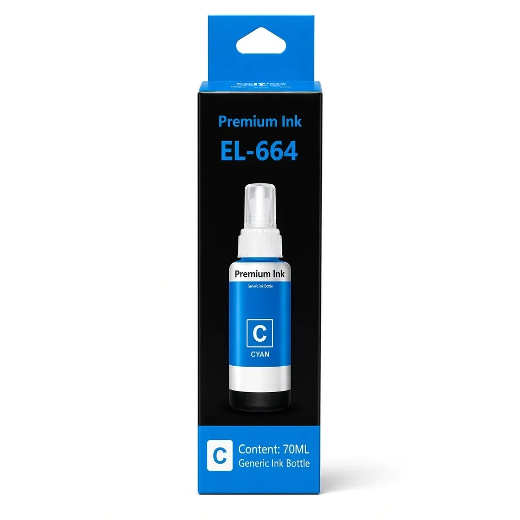 Caja y botella de tinta cian refill de 70 ml compatible con impresoras Epson 664 serie L