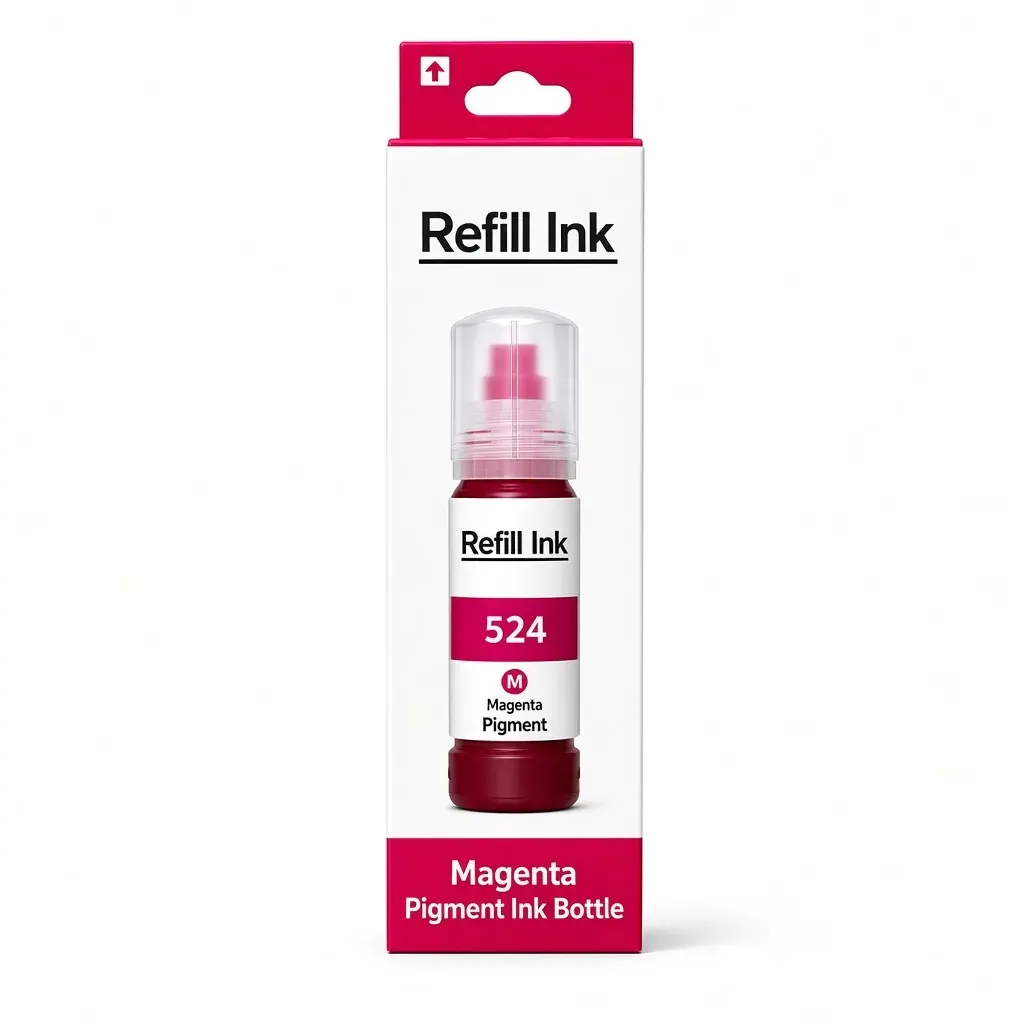 Caja y botella de tinta magenta pigmentada 524 de 70 ml compatible con impresoras Epson L6490 y L15150