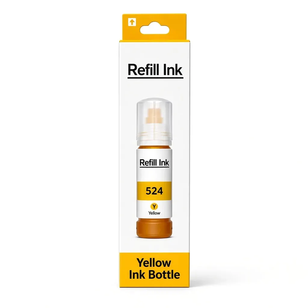 Caja y botella de tinta amarilla pigmentada 524 de 70 ml compatible con impresoras Epson L6490 y L15150
