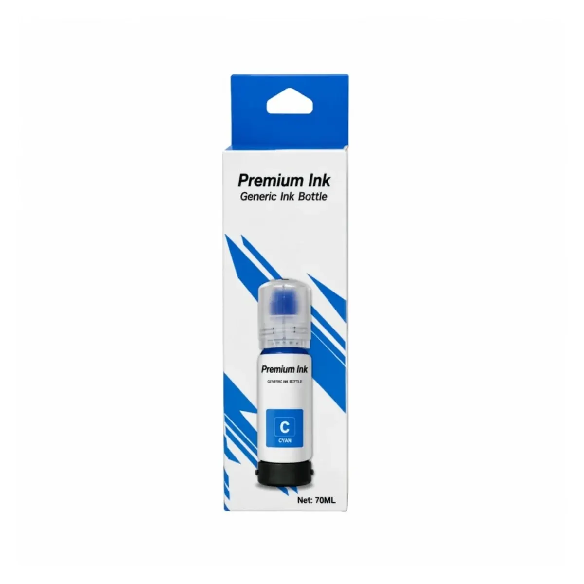 Botella de tinta compatible Epson 544 color cian de 70 ml, presentación in box, sobre fondo blanco