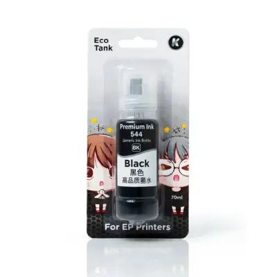 Botella de tinta compatible Epson 544 color negro de 70 ml, presentación blíster, sobre fondo blanco