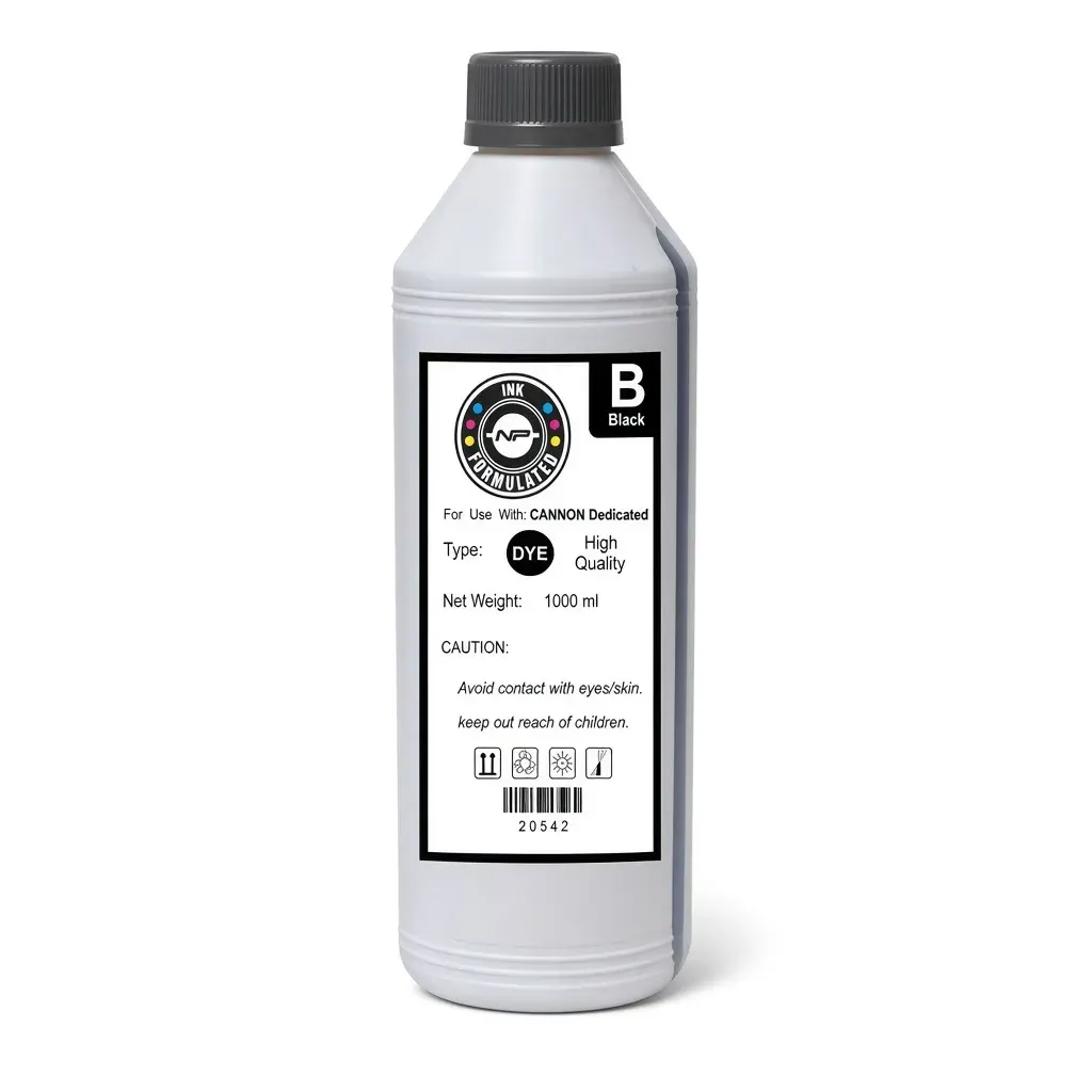 Botella de un litro de tinta negra dye universal para impresoras Canon de tanque recargable