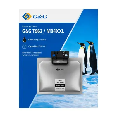 Caja y bolsa de tinta negra G and G T962 M04XXL de 795 ml compatible con impresoras Epson WorkForce Pro WF-M5299 y WF-M5799