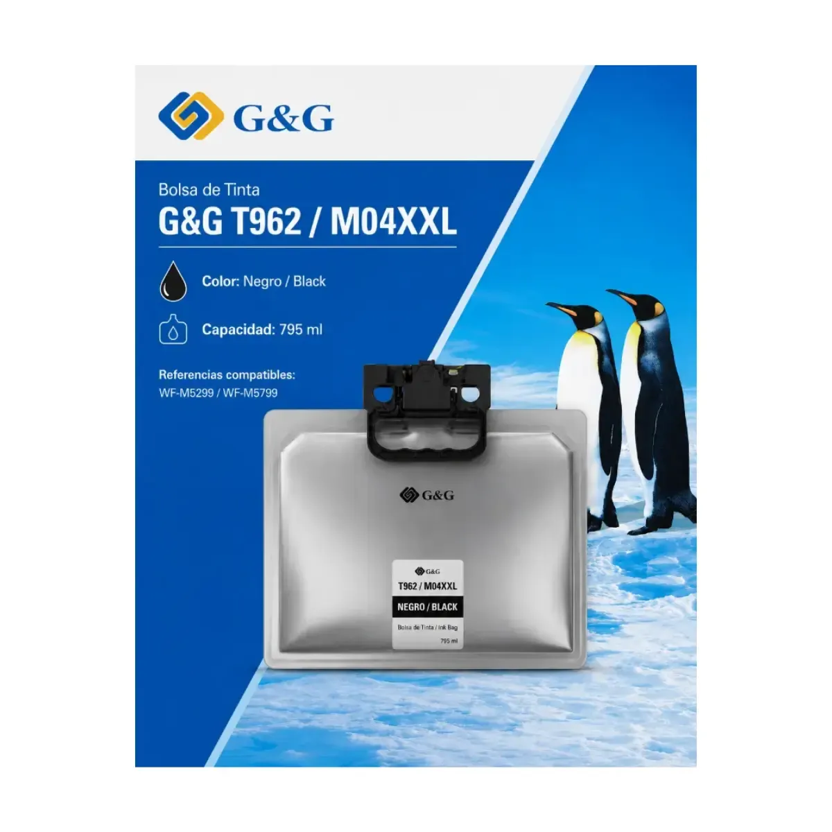 Caja y bolsa de tinta negra G and G T962 M04XXL de 795 ml compatible con impresoras Epson WorkForce Pro WF-M5299 y WF-M5799