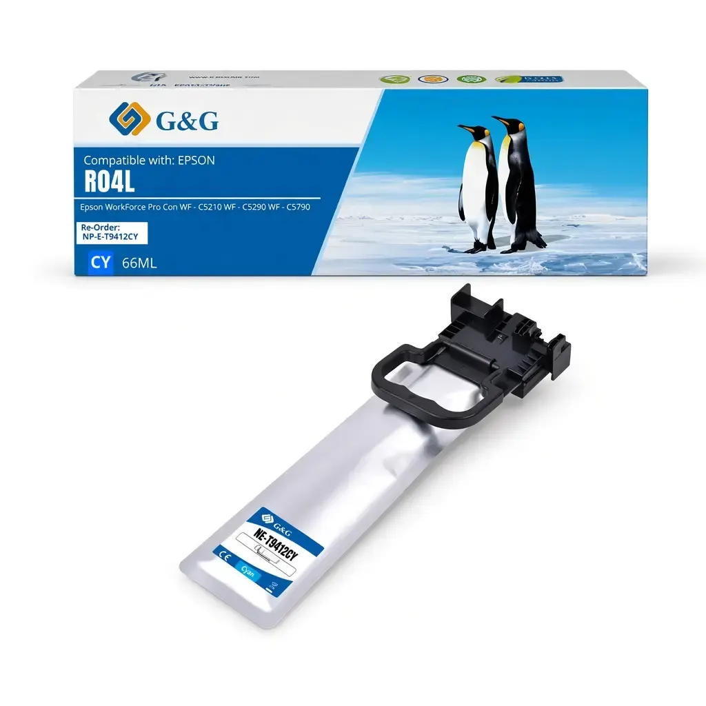 Caja y bolsa de tinta cian G and G T11A de 60 ml compatible con impresoras Epson WorkForce Pro WF-C5310 y WF-C5810