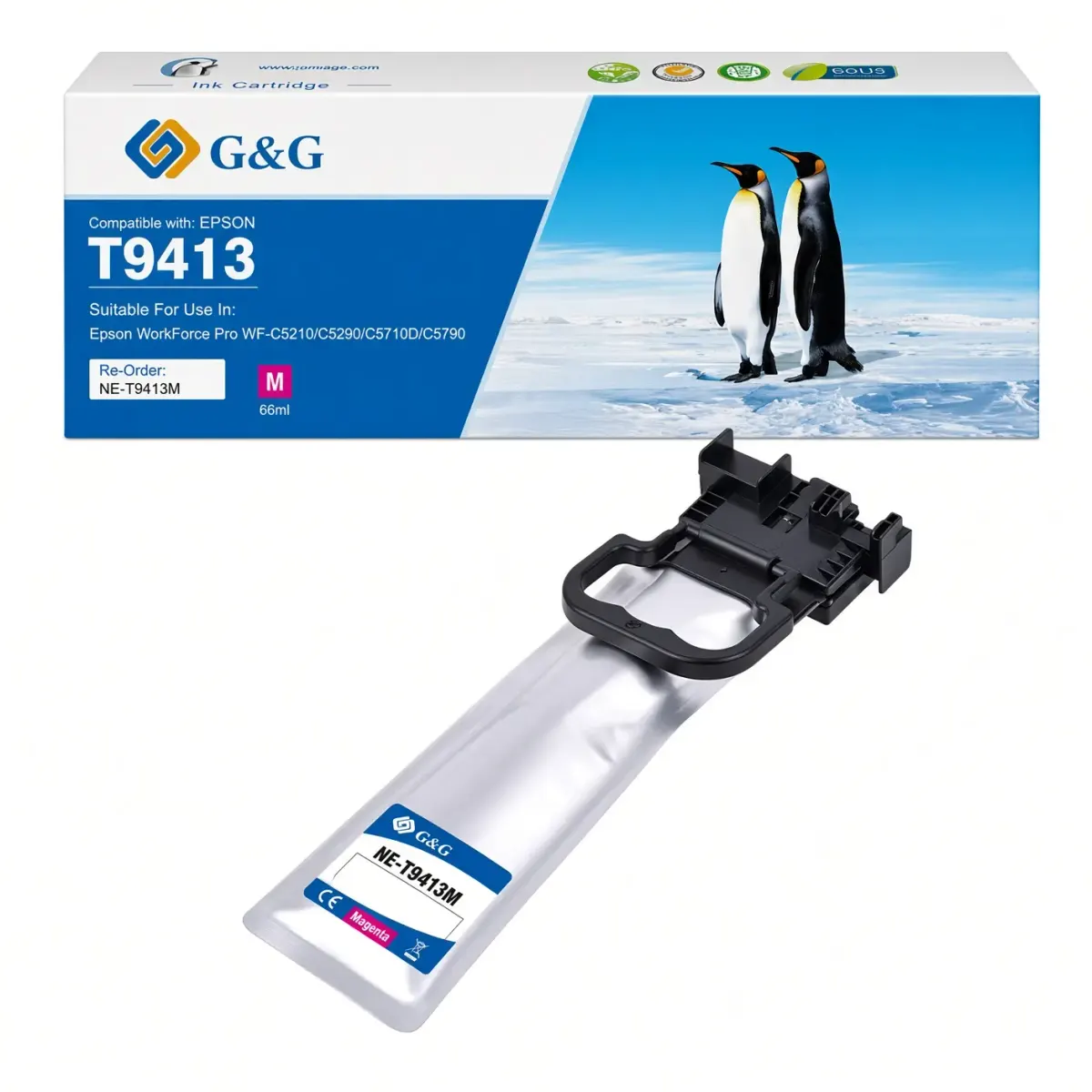 Caja y bolsa de tinta magenta G and G T9413 R04L de 66 ml compatible con impresoras Epson WorkForce Pro serie WF-C5000