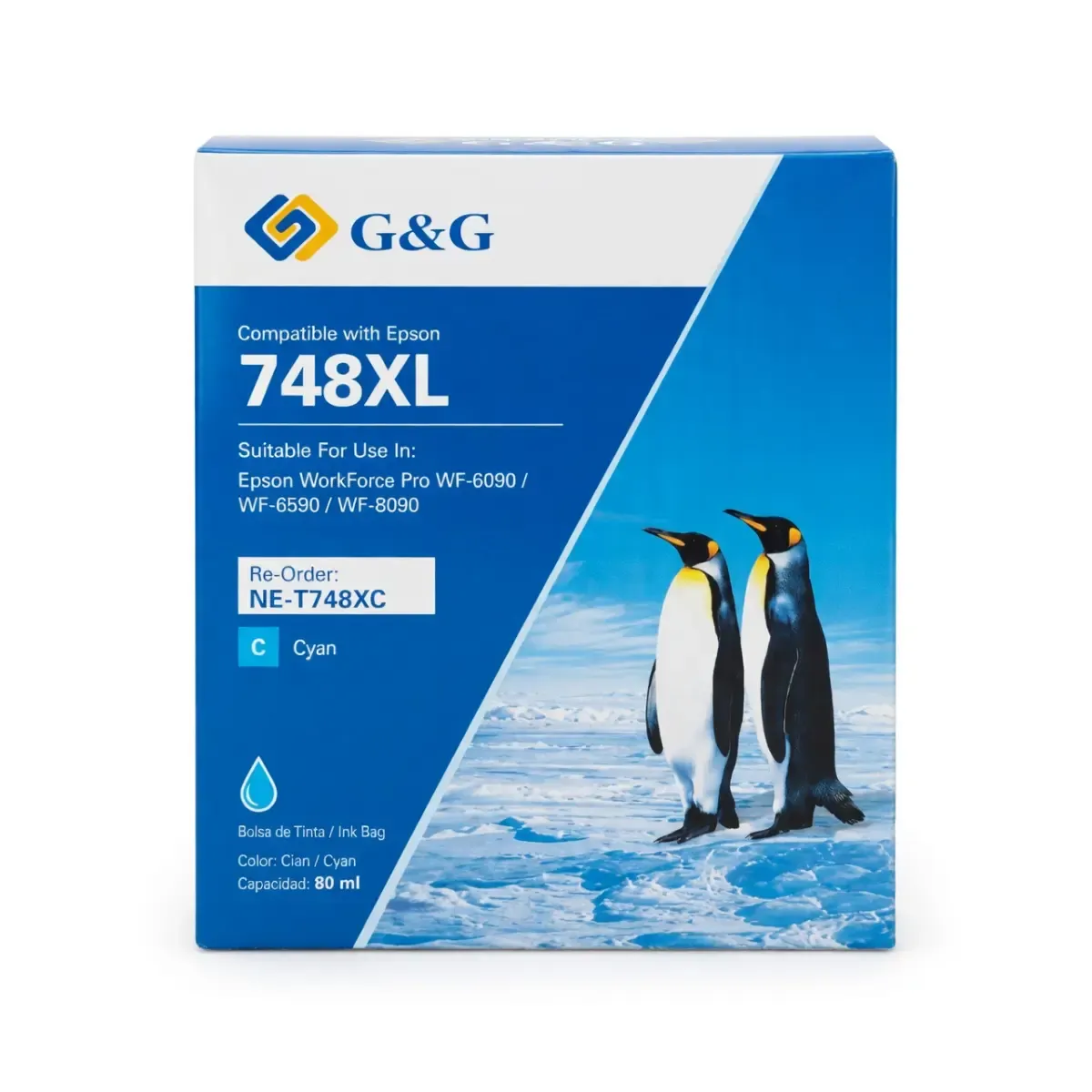 Caja de cartucho de tinta cian G and G 748XXL de 80 ml compatible con impresoras Epson WorkForce Pro