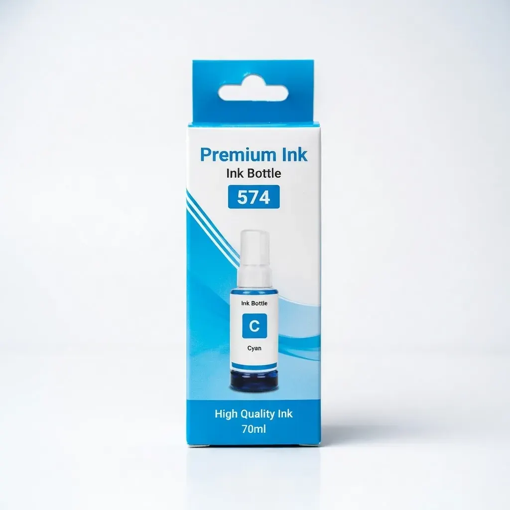 Caja con botella de tinta dye cian de 70 ml compatible con impresoras Epson serie 574