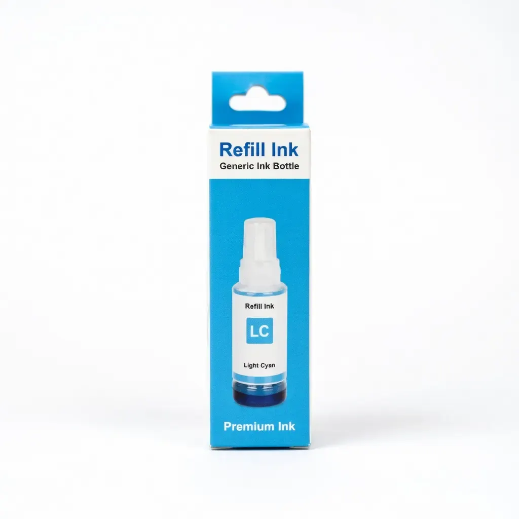 Botella de tinta compatible Epson 574 color cian claro de 70 ml, presentación in box, sobre fondo blanco