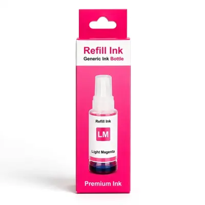Botella de tinta compatible Epson 574 color magenta claro de 70 ml, presentación in box, sobre fondo blanco