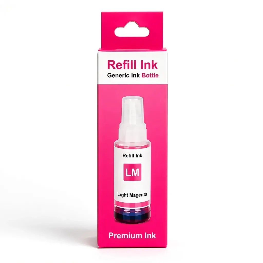 Botella de tinta compatible Epson 574 color magenta claro de 70 ml, presentación in box, sobre fondo blanco