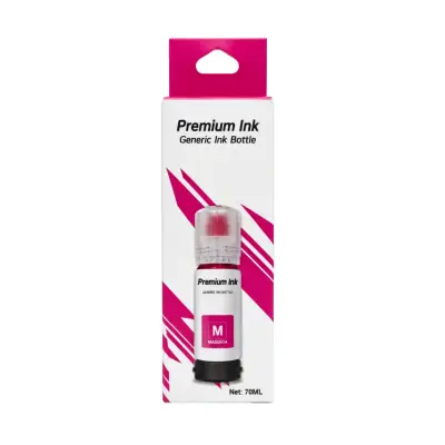 Botella de tinta compatible Epson 544 color magenta de 70 ml, presentación in box, sobre fondo blanco