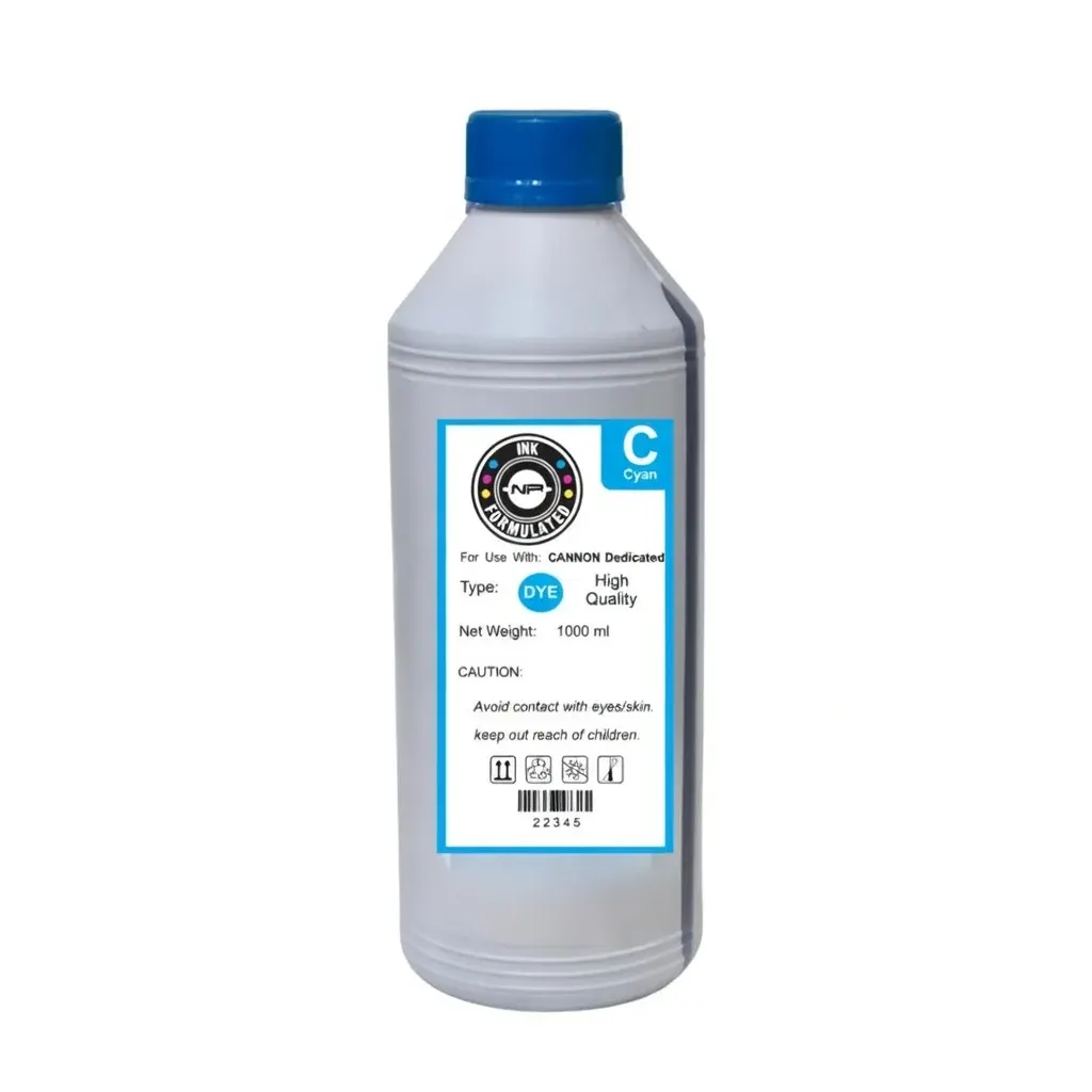 Botella de tinta dye compatible Canon color cian de 1 litro, sobre fondo blanco
