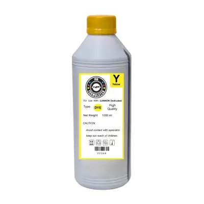 Botella de tinta dye compatible Canon color amarillo de 1 litro, sobre fondo blanco