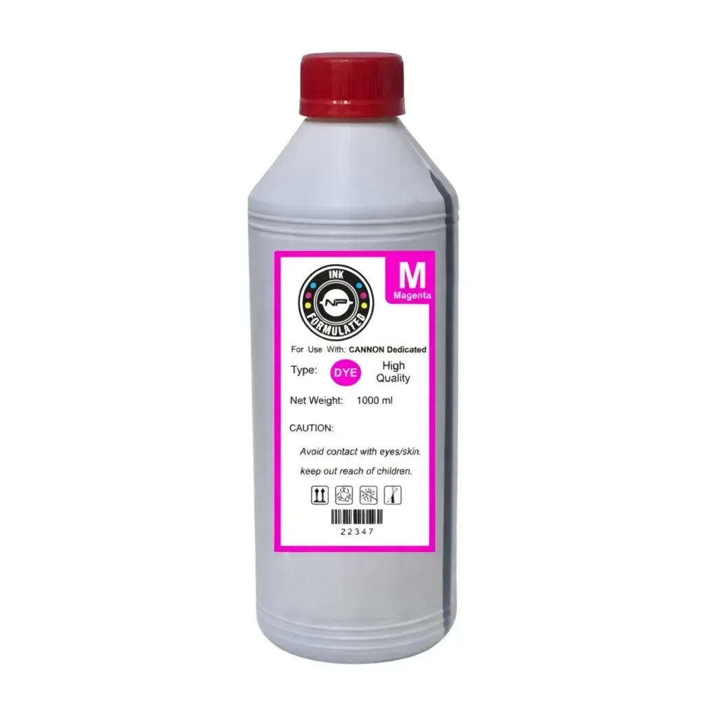 Botella de tinta dye compatible Canon color magenta de 1 litro, sobre fondo blanco
