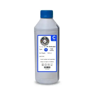 Botella de tinta dye compatible HP color cian de 1 litro, sobre fondo blanco