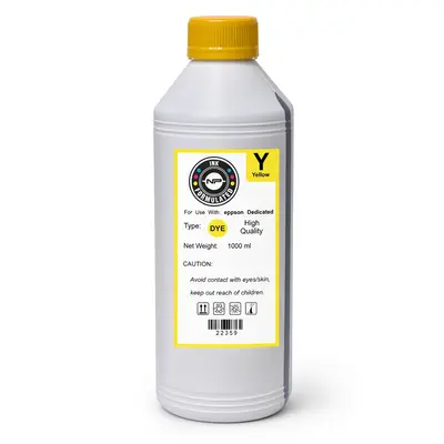 Botella de tinta dye compatible Epson color amarillo de 1 litro, sobre fondo blanco