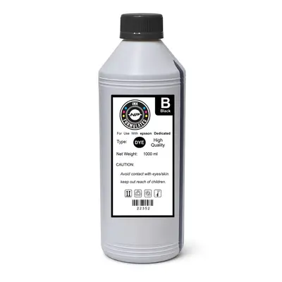 Botella de tinta dye compatible Epson color negro de 1 litro, sobre fondo blanco