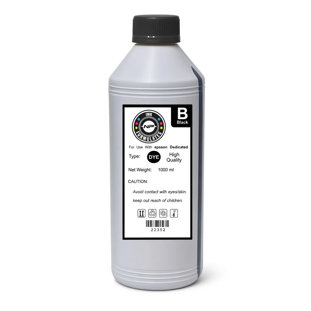 Botella de tinta dye compatible Epson color negro de 1 litro, sobre fondo blanco