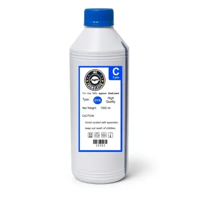Botella de tinta dye compatible Epson color cian de 1 litro, sobre fondo blanco