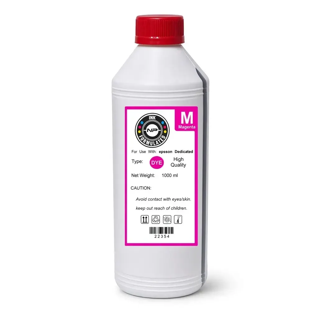 Botella de tinta dye compatible Epson color magenta de 1 litro, sobre fondo blanco