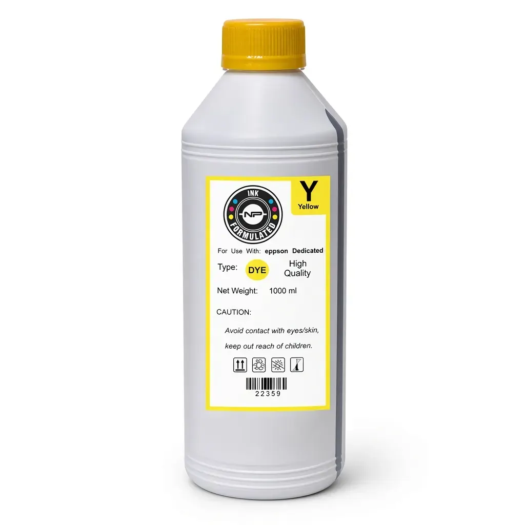 Botella de tinta dye compatible Epson color amarillo de 1 litro, sobre fondo blanco