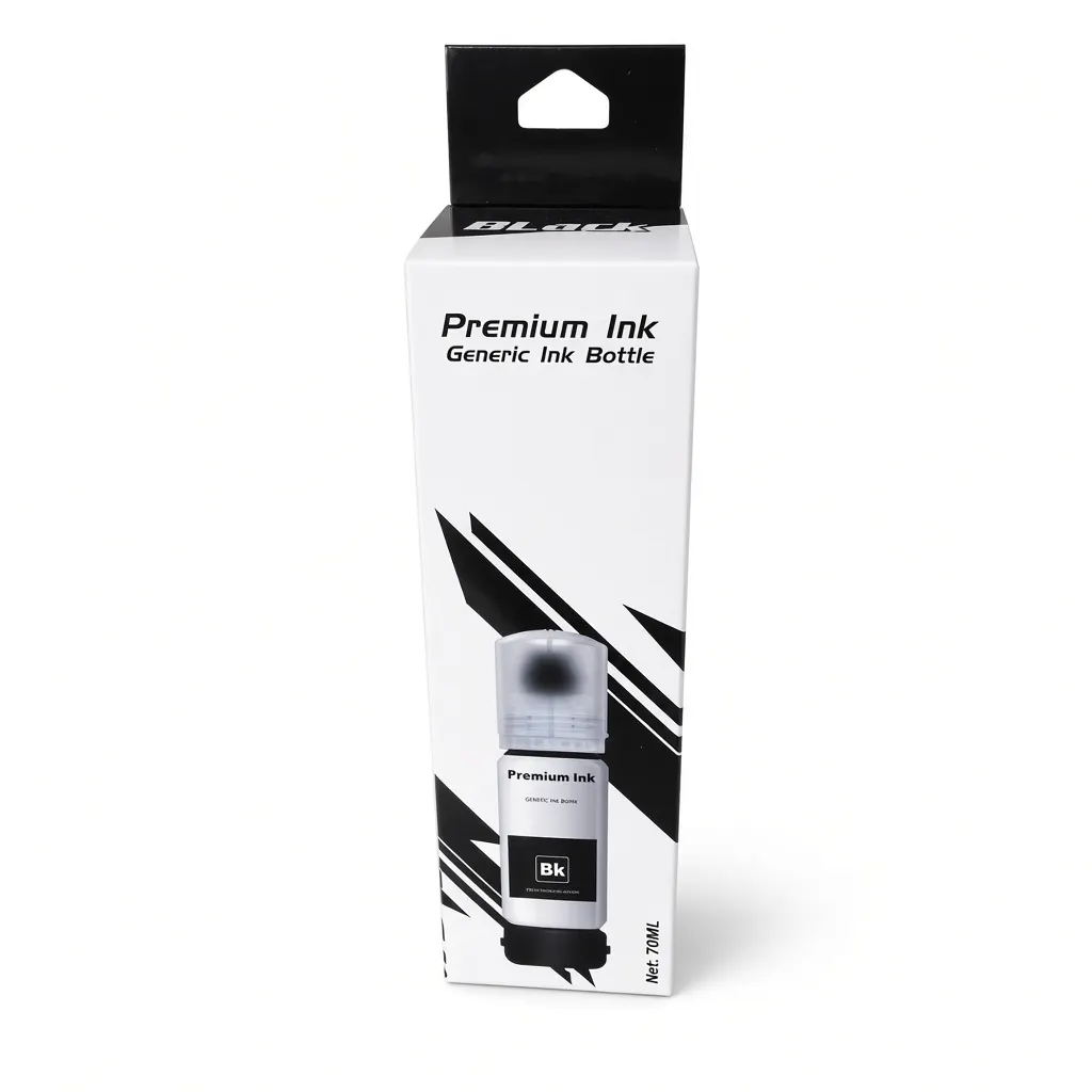 Botella de tinta compatible Epson 544 color negro de 70 ml, presentación in box, sobre fondo blanco