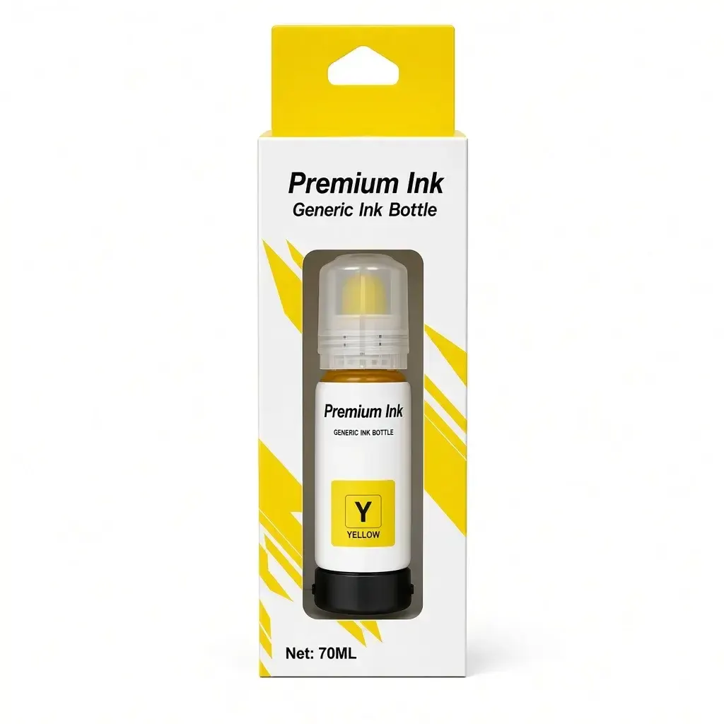 Botella de tinta compatible Epson 544 color amarillo de 70 ml, presentación in box, sobre fondo blanco (1)