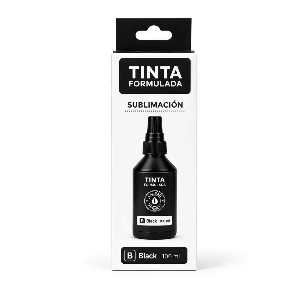 Botella de tinta de sublimación compatible Epson 664673 color negro de 100 ml, sobre fondo blanco
