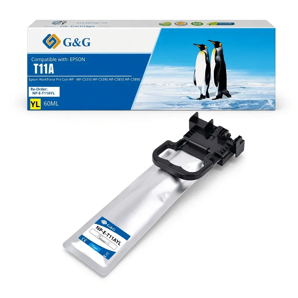 Bolsa de tinta compatible G&G T11A color amarillo de 60 ml, para Epson WorkForce Pro, sobre fondo blanco