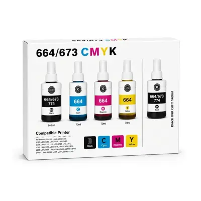 Combo de 5 botellas de tinta compatible Epson 664/673: dos de negro y tres de color cian, magenta y amarillo, sobre fondo blanco