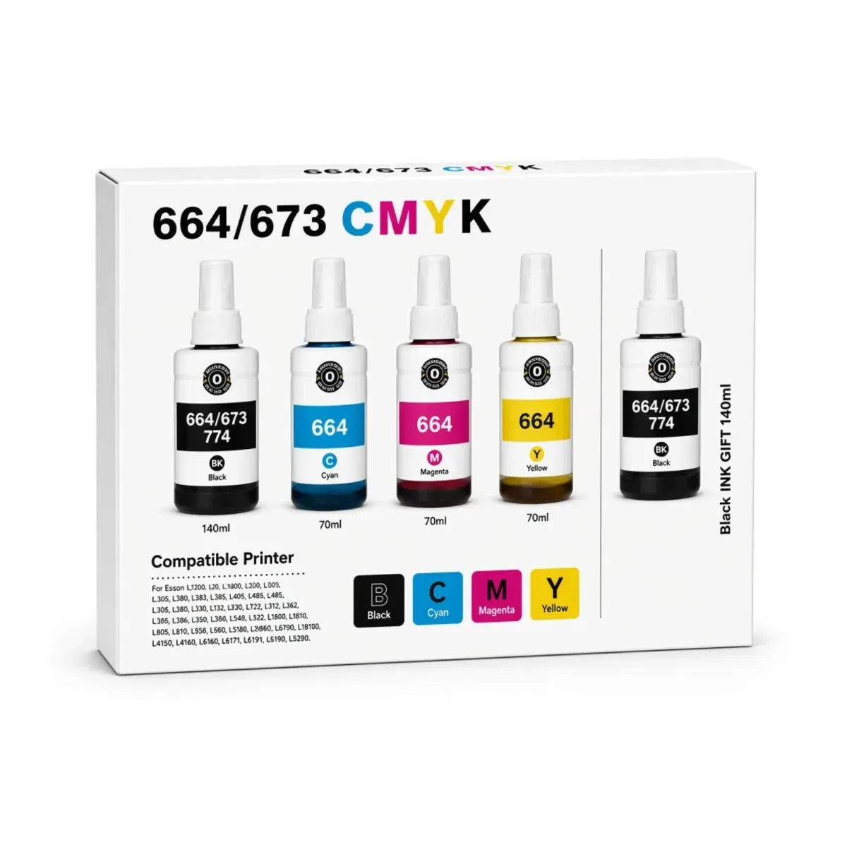 Combo de 5 botellas de tinta compatible Epson 664/673: dos de negro y tres de color cian, magenta y amarillo, sobre fondo blanco
