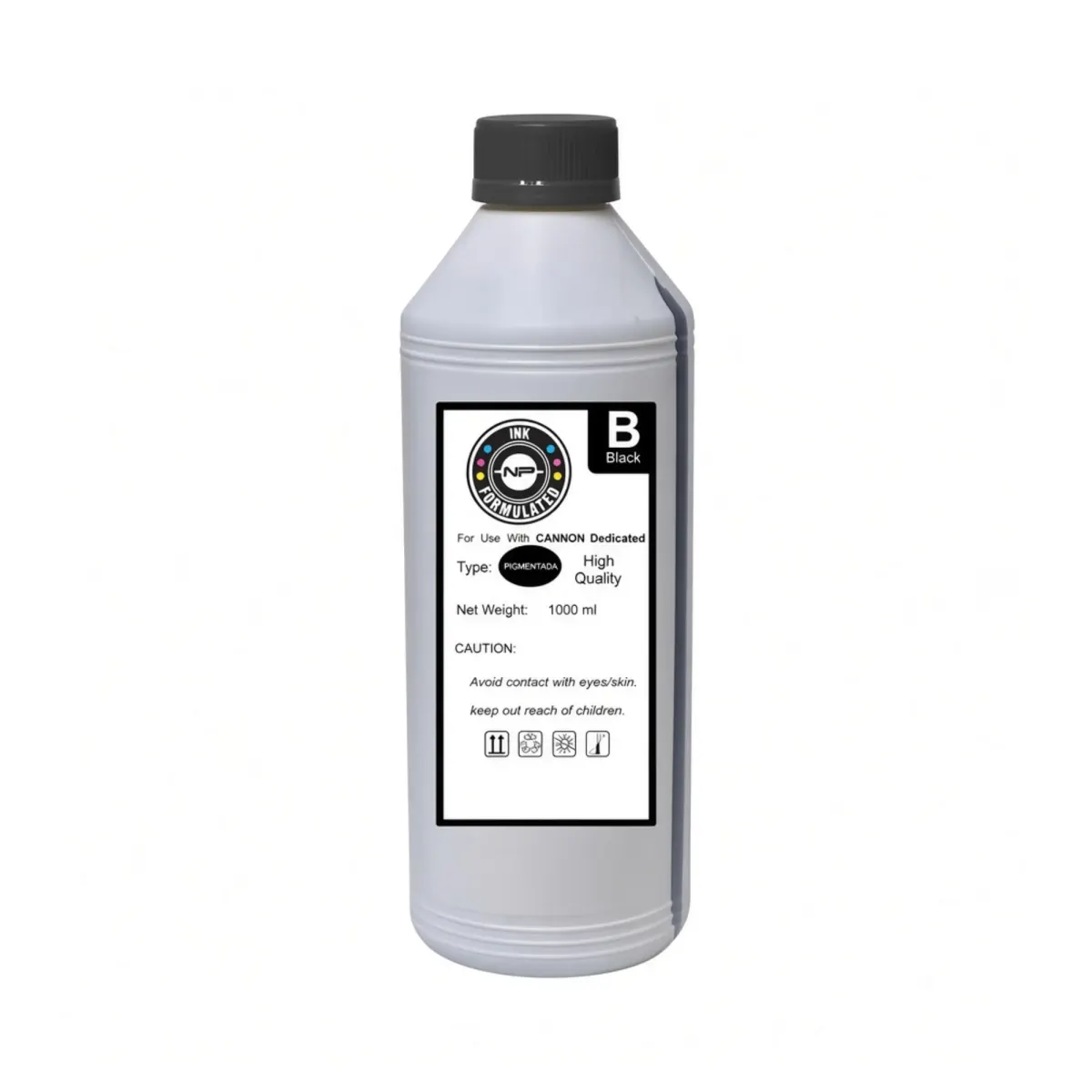 Botella de tinta pigmentada compatible Newprint de 1000 ml color Black, uso universal para impresoras Epson, Canon y HP, sobre fondo blanco