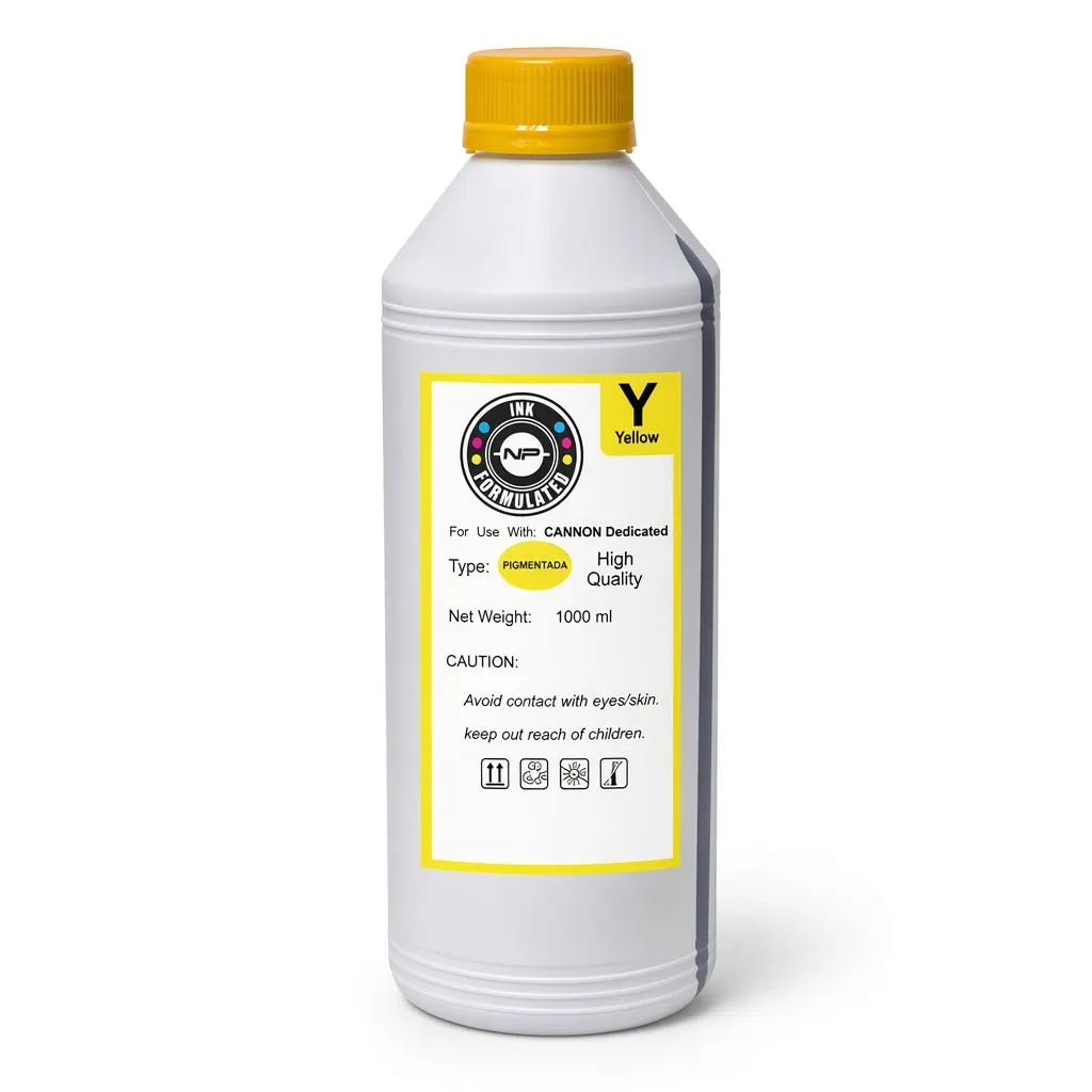 Botella de tinta pigmentada compatible Newprint de 1000 ml color amarillo, para impresoras Canon, sobre fondo blanco