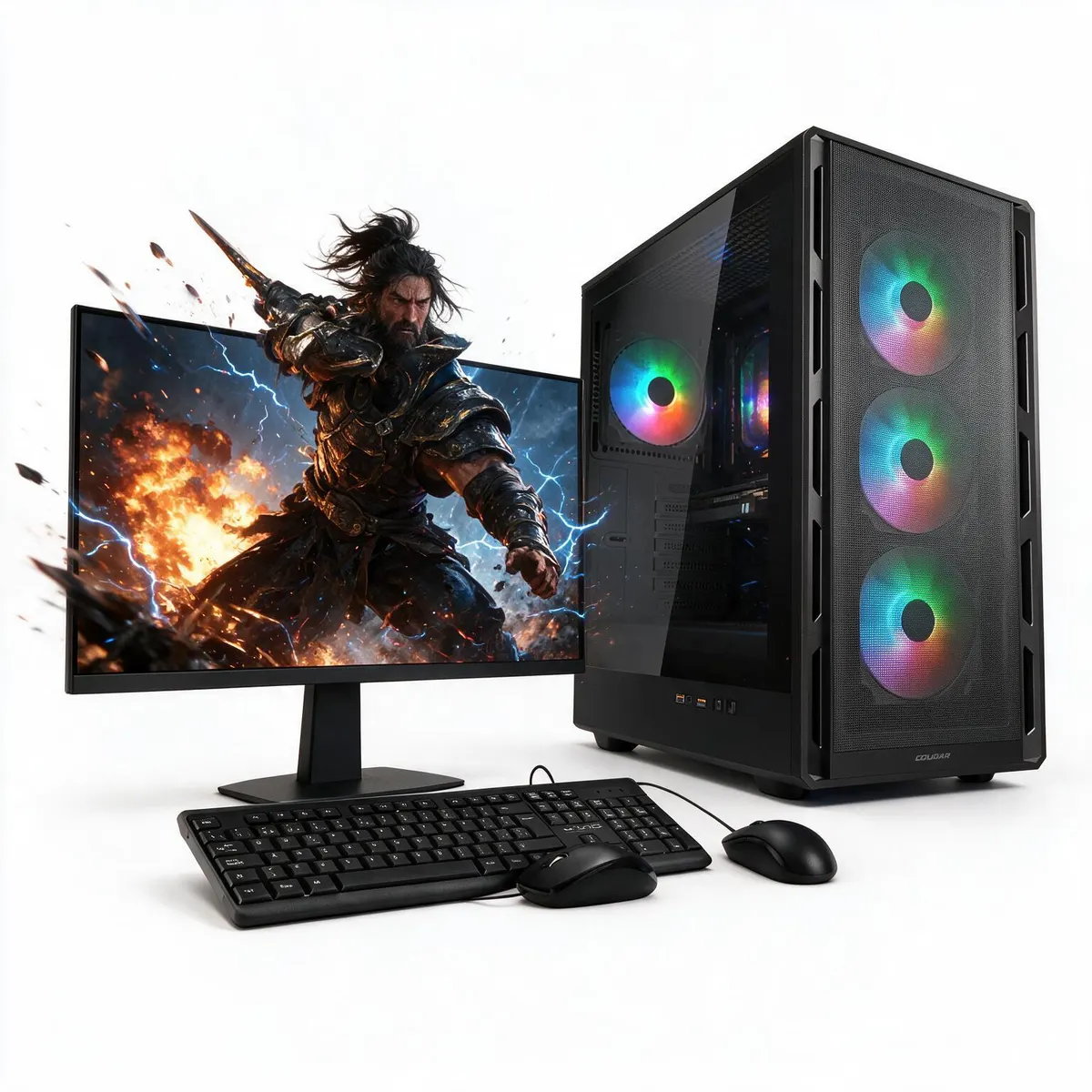 Torre gamer Cougar negra con ventiladores RGB junto a monitor MSI de 24 pulgadas con teclado y mouse