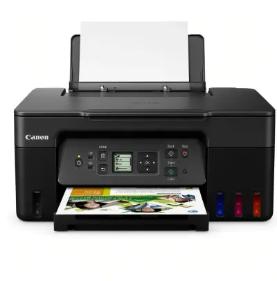 Impresora multifuncional Canon Pixma G3170 con tanques de tinta MegaTank visibles al frente, vista frontal